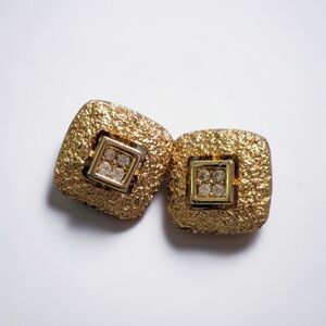 Vintage Gold Tone Clip On Earrings, Textured Square Earrings, Rhinestone Accent